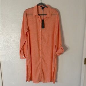 Tahari NWT Coral Linen Blend Button-Front Longline Shirt.  Size Large.